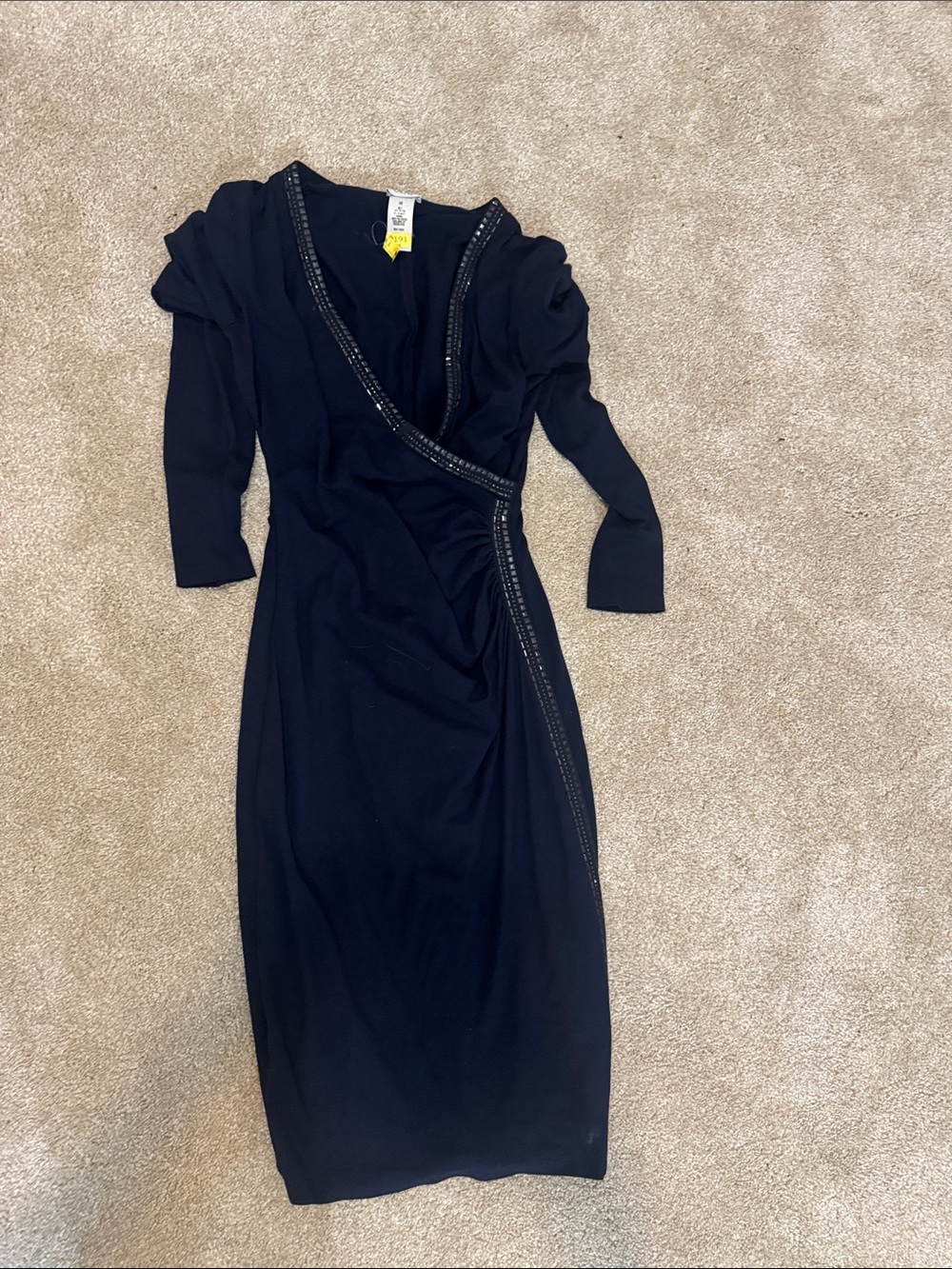 Cache Navy Long-Sleeve Wrap Midi Dress with Beaded Trim